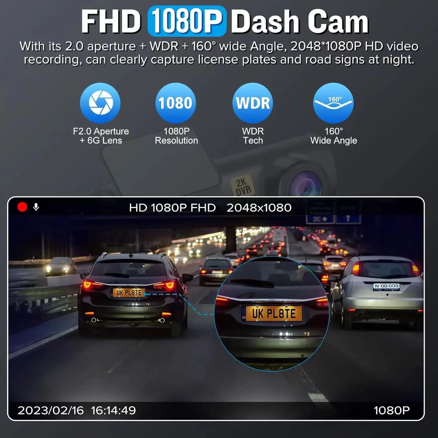 Single Lens 2k HD Dash Cam - Front View